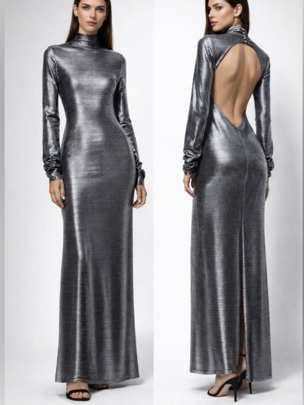 Free People Metallic Bodycon Open Back Maxi Dress Silver Long Sleeve M